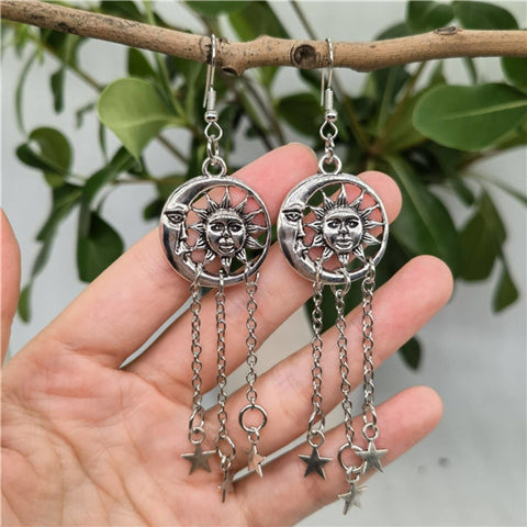 Celestial Astrology Earrings, Crescent Moon Earrings, Moon Face Earring Sun Earrings, Star Charm Sun Moon Love Cycle Of Life Circle Earrings - Froppin