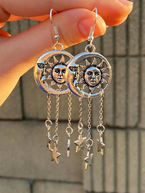 Celestial Astrology Earrings, Crescent Moon Earrings, Moon Face Earring Sun Earrings, Star Charm Sun Moon Love Cycle Of Life Circle Earrings - Froppin