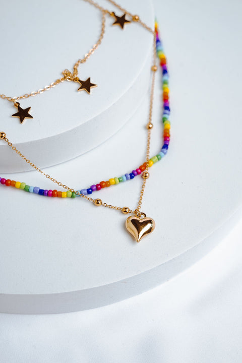 Celestial Hearts Star Necklace, Hippie Boho Stack Necklace, Rainbow Beaded Necklace, Pride Gay LGBT Colorful Beads, Star Love Charms Pendant - Froppin