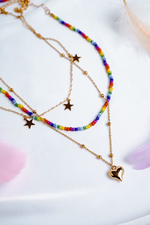 Celestial Hearts Star Necklace, Hippie Boho Stack Necklace, Rainbow Beaded Necklace, Pride Gay LGBT Colorful Beads, Star Love Charms Pendant - Froppin