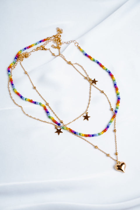 Celestial Hearts Star Necklace, Hippie Boho Stack Necklace, Rainbow Beaded Necklace, Pride Gay LGBT Colorful Beads, Star Love Charms Pendant - Froppin