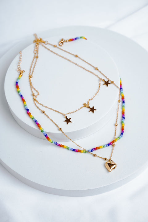 Celestial Hearts Star Necklace, Hippie Boho Stack Necklace, Rainbow Beaded Necklace, Pride Gay LGBT Colorful Beads, Star Love Charms Pendant - Froppin