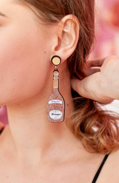 Champagne Bottle Gold Glitter Big Party Creative Earrings - Froppin