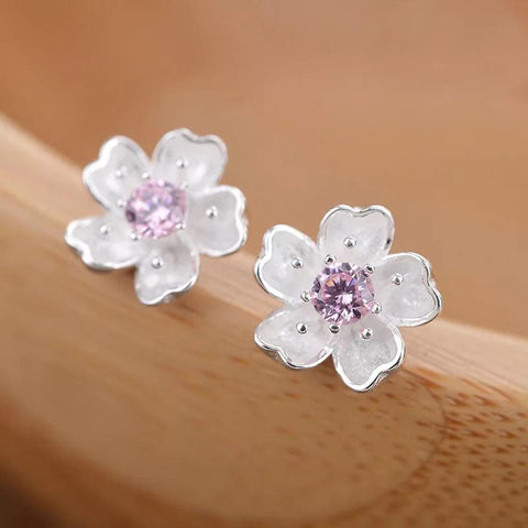 Cherry Blossom Flower Earrings, Cubic Zirconia Stone Earrings Earrings, Minimalist Stud Earrings CZ Studs, Floral Earrings, Crystal Earrings - Froppin