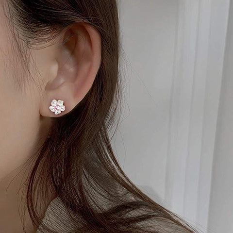 Cherry Blossom Flower Earrings, Cubic Zirconia Stone Earrings Earrings, Minimalist Stud Earrings CZ Studs, Floral Earrings, Crystal Earrings - Froppin