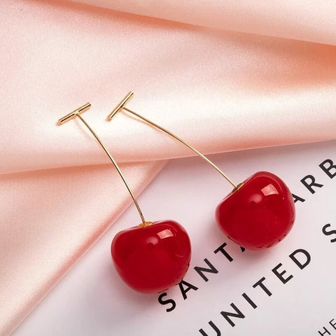 Cherry Earrings Ear jacket Unusual Berry Cute Creative Long Summer Red Burgundy Elegant Delicate Designer Fruit Food Dangle Earrings - Froppin