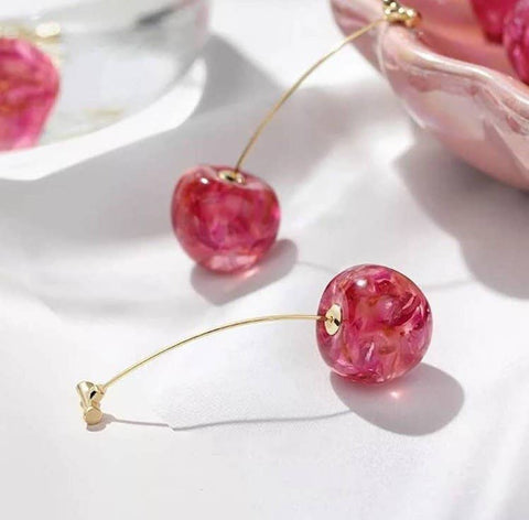 Cherry Terrarium Flower Earrings Pink Orange Clear Glass Long Berry Earrings - Froppin