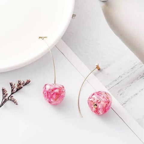 Cherry Terrarium Flower Earrings Pink Orange Clear Glass Long Berry Earrings - Froppin