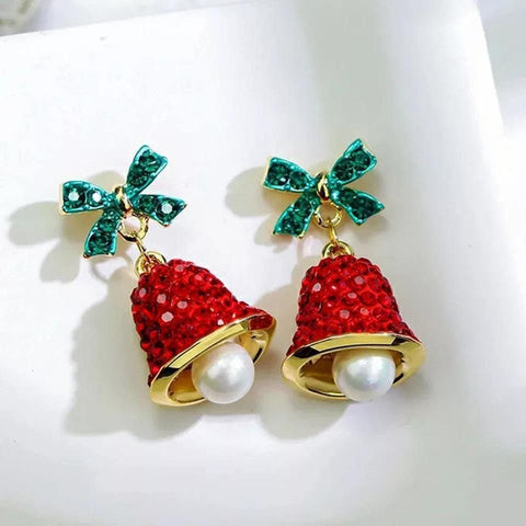 Christmas Inlaid Bell with Pearl Red Velvet Bow Stud Earrings - Froppin