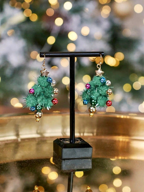 Christmas Tree Shining Colorful Beads Decoration Green New year Earrings - Froppin