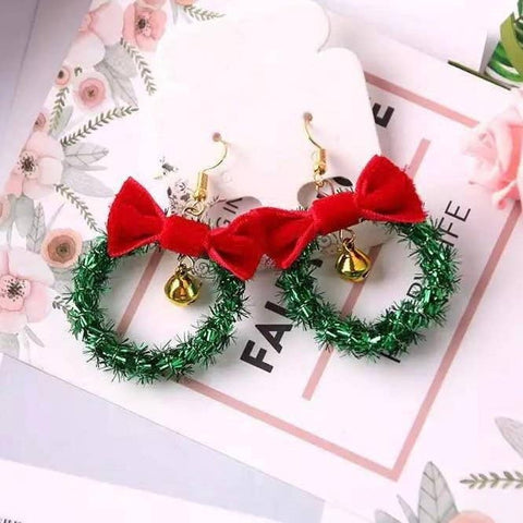 Christmas Wreath With Red Velvet Bow And Golden Bell Earrings - Froppin
