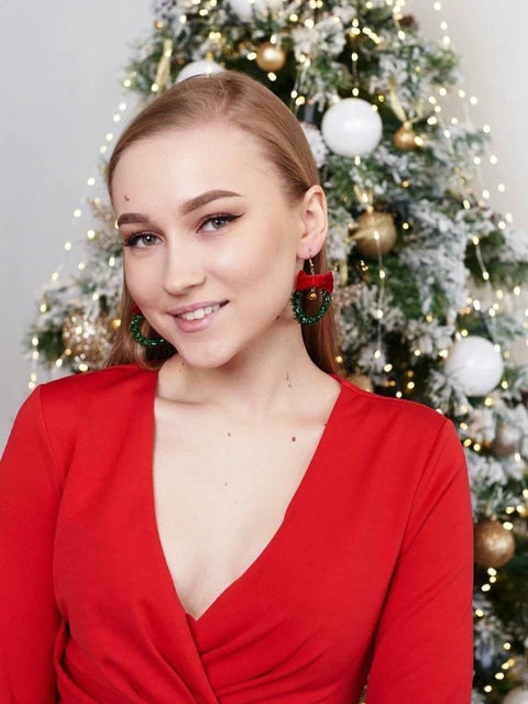 Christmas Wreath With Red Velvet Bow And Golden Bell Earrings - Froppin