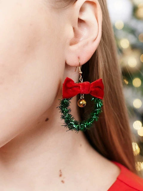 Christmas Wreath With Red Velvet Bow And Golden Bell Earrings - Froppin