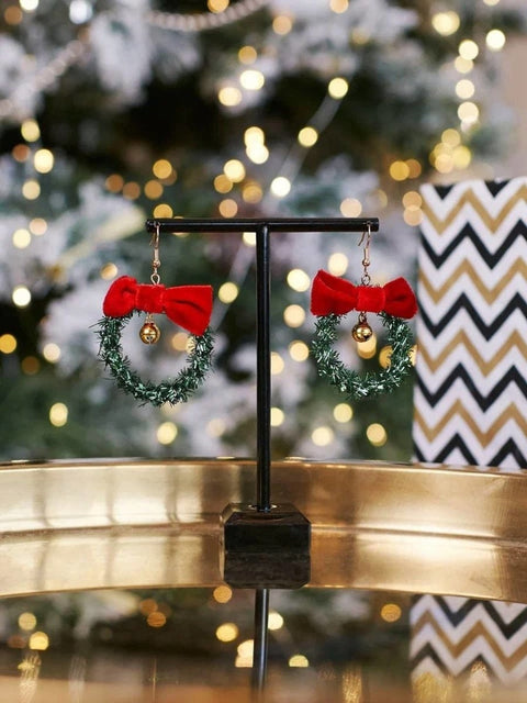 Christmas Wreath With Red Velvet Bow And Golden Bell Earrings - Froppin