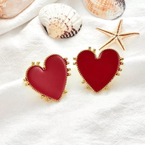 Classy Red Beating Heart Gold Framed Earrings • Big Hearts Metallic Buzz Earrings • Fine Artistic Enamel Earrings • Love Symbol Gift For Her - Froppin