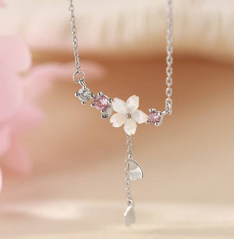Clear White Cherry Blossom Spring Flower • Hearts Dangle Charm • Shiny White And Rose Floral Crystals • Hearts Drop Silver Plated Necklace - Froppin