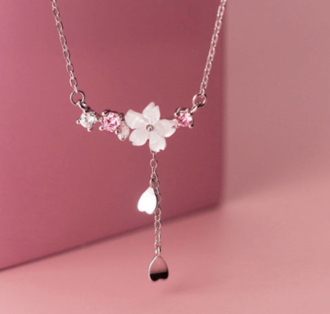 Clear White Cherry Blossom Spring Flower • Hearts Dangle Charm • Shiny White And Rose Floral Crystals • Hearts Drop Silver Plated Necklace - Froppin