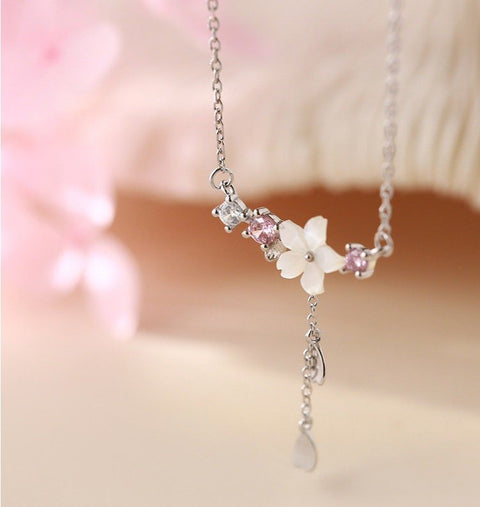 Clear White Cherry Blossom Spring Flower • Hearts Dangle Charm • Shiny White And Rose Floral Crystals • Hearts Drop Silver Plated Necklace - Froppin
