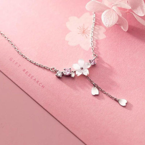 Clear White Cherry Blossom Spring Flower • Hearts Dangle Charm • Shiny White And Rose Floral Crystals • Hearts Drop Silver Plated Necklace - Froppin