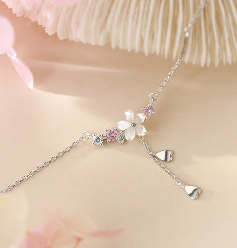Clear White Cherry Blossom Spring Flower • Hearts Dangle Charm • Shiny White And Rose Floral Crystals • Hearts Drop Silver Plated Necklace - Froppin
