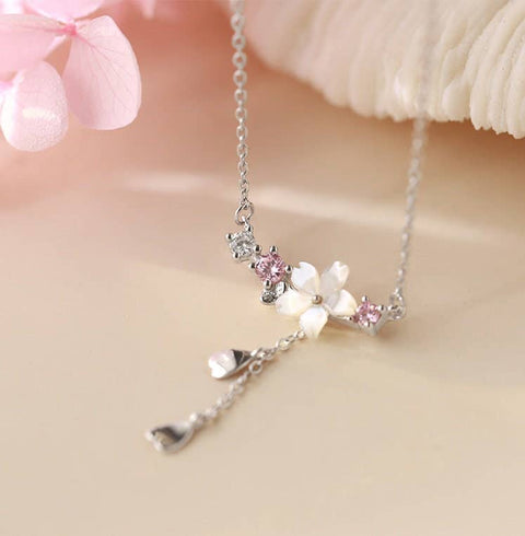 Clear White Cherry Blossom Spring Flower • Hearts Dangle Charm • Shiny White And Rose Floral Crystals • Hearts Drop Silver Plated Necklace - Froppin