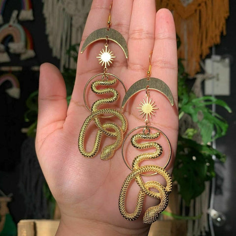 Cosmic Snake Hoops Dangle Earrings, Celestial Gold Serpent, Sun Moon Stars Reptilian Animal Solar Hoop Earrings, Slithering Ouroboros Snake - Froppin