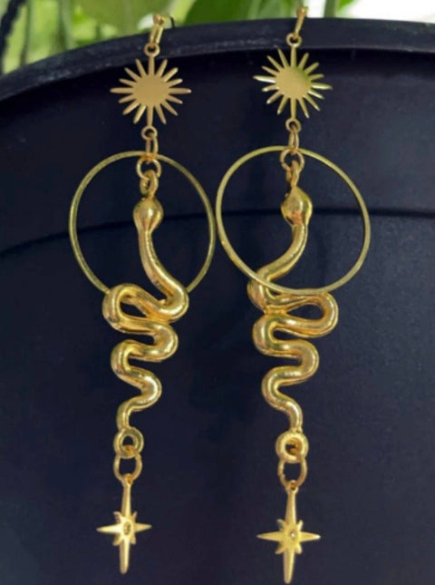 Cosmic Snake Hoops Dangle Earrings, Celestial Gold Serpent, Sun Moon Stars Reptilian Animal Solar Hoop Earrings, Slithering Ouroboros Snake - Froppin