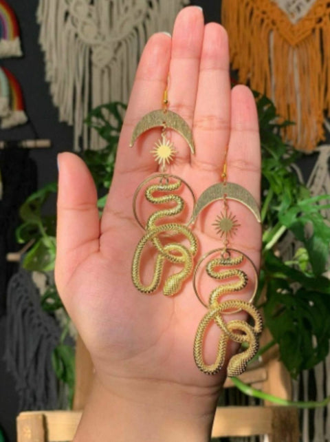 Cosmic Snake Hoops Dangle Earrings, Celestial Gold Serpent, Sun Moon Stars Reptilian Animal Solar Hoop Earrings, Slithering Ouroboros Snake - Froppin