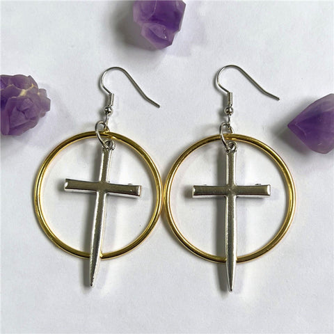 Cross Earrings Sword Earrings, Die By The Sword Jewelry, Small Knife Cute Dagger Weapon Hoops, Gold Silver Noble Love Courage Faith Earrings - Froppin