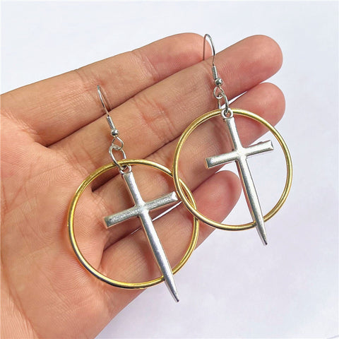 Cross Earrings Sword Earrings, Die By The Sword Jewelry, Small Knife Cute Dagger Weapon Hoops, Gold Silver Noble Love Courage Faith Earrings - Froppin