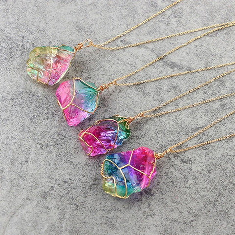 Crystal Wire Wrapped Necklaces, Wire wrapped healing crystal jewelry, Gold Healing Stone Chakra Point Minimalist Colorful Gemstone Necklace - Froppin