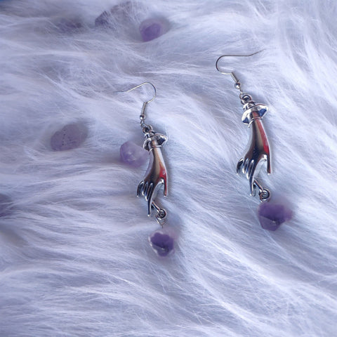 Cubic Stone Long Cuffed Lady Hands Earrings, Silver Hands Earring, Palm Drop Crystal Hands, Personal Birthstone Earring Necklace Jewelry Set - Froppin