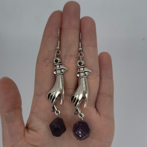 Cubic Stone Long Cuffed Lady Hands Earrings, Silver Hands Earring, Palm Drop Crystal Hands, Personal Birthstone Earring Necklace Jewelry Set - Froppin