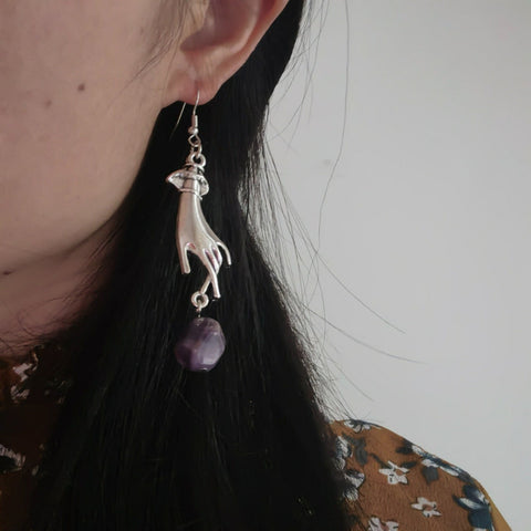Cubic Stone Long Cuffed Lady Hands Earrings, Silver Hands Earring, Palm Drop Crystal Hands, Personal Birthstone Earring Necklace Jewelry Set - Froppin