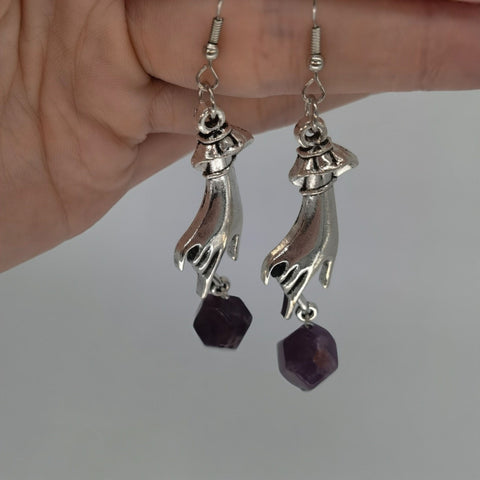 Cubic Stone Long Cuffed Lady Hands Earrings, Silver Hands Earring, Palm Drop Crystal Hands, Personal Birthstone Earring Necklace Jewelry Set - Froppin