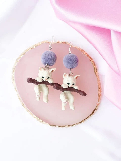Cute Kittens Dangle Cat Lover Ribbon Fluffy Ball Realistic Animal Earrings - Froppin