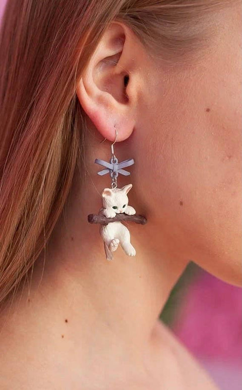 Cute Kittens Dangle Cat Lover Ribbon Fluffy Ball Realistic Animal Earrings - Froppin