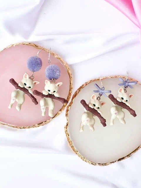 Cute Kittens Dangle Cat Lover Ribbon Fluffy Ball Realistic Animal Earrings - Froppin