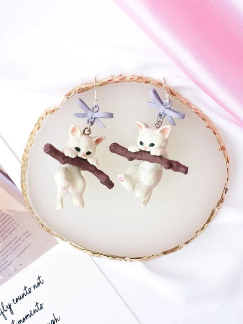 Cute Kittens Dangle Cat Lover Ribbon Fluffy Ball Realistic Animal Earrings - Froppin