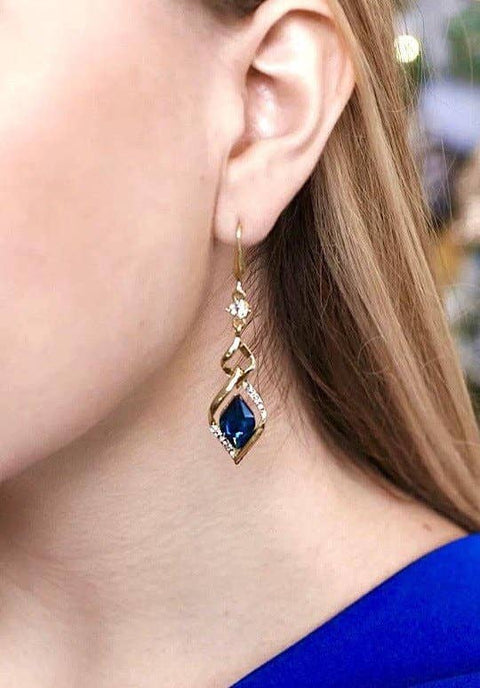Deep Blue Crystal Golden Elegant Delicate Dress Earrings - Froppin
