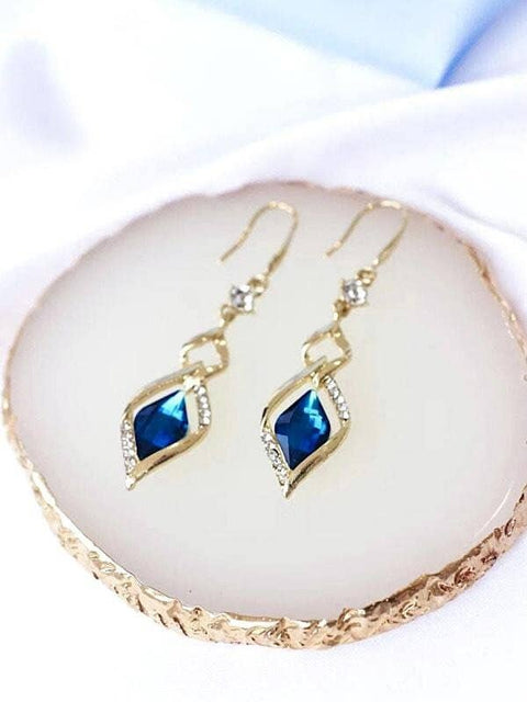 Deep Blue Crystal Golden Elegant Delicate Dress Earrings - Froppin