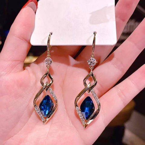 Deep Blue Crystal Golden Elegant Delicate Dress Earrings - Froppin