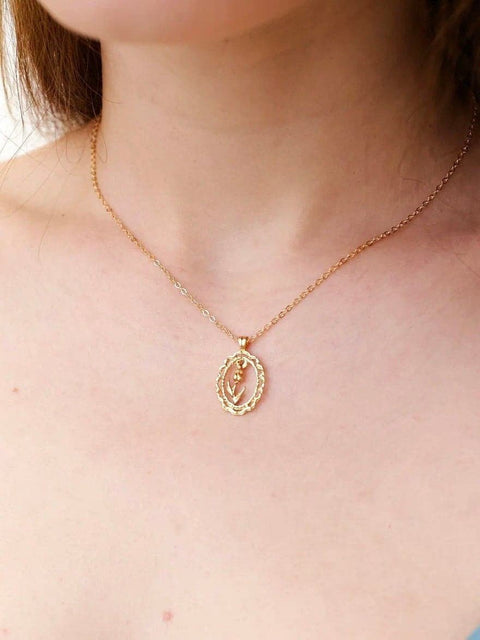 Delicate Gold Rose Pendant, Rose Oval Frame Coin Necklace, Cable Link Chain Gleaming Neckline Flower Pendant, Elegant Flower Gift Necklace - Froppin