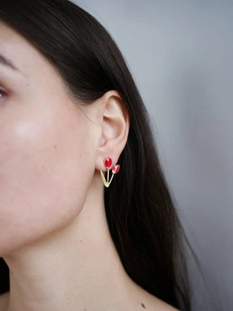 Double Tulips Stud Artistic Enamel Flower Earrings • Nature Artistic Flower Plant Earrings • Garden Inspired Gift For Her - Froppin