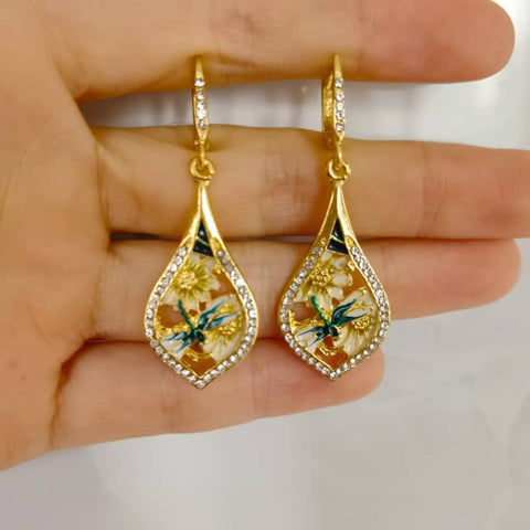 Dragonfly Flower Earrings Gold Floral Earrings Bug Teardrop Earrings Botanical Earrings Minimalist Earrings Gift For Her Rhinestone Earrings - Froppin