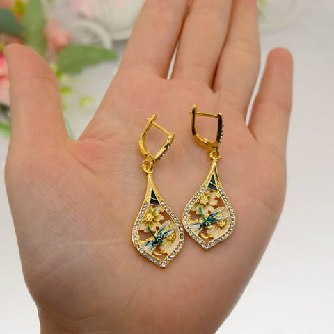 Dragonfly Flower Earrings Gold Floral Earrings Bug Teardrop Earrings Botanical Earrings Minimalist Earrings Gift For Her Rhinestone Earrings - Froppin