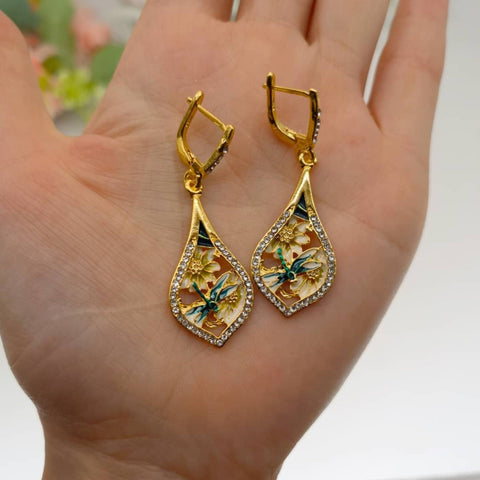 Dragonfly Flower Earrings Gold Floral Earrings Bug Teardrop Earrings Botanical Earrings Minimalist Earrings Gift For Her Rhinestone Earrings - Froppin