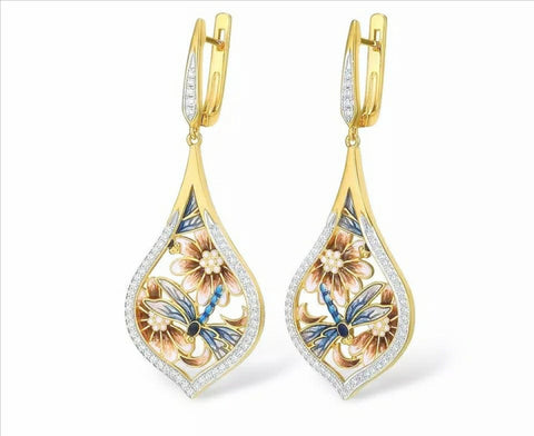 Dragonfly Flower Earrings Gold Floral Earrings Bug Teardrop Earrings Botanical Earrings Minimalist Earrings Gift For Her Rhinestone Earrings - Froppin