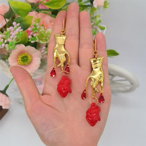 Dripping Blood Real Heart Tears Garnet Earrings, Dainty Heart Earrings, Hand Anatomical Earrings Heart Muscle Crystal Earrings Stone Jewelry - Froppin