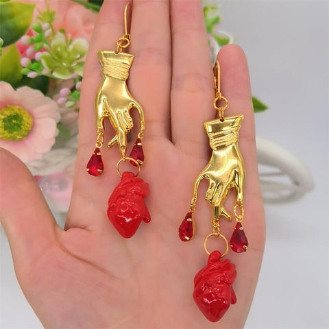 Dripping Blood Real Heart Tears Garnet Earrings, Dainty Heart Earrings, Hand Anatomical Earrings Heart Muscle Crystal Earrings Stone Jewelry - Froppin